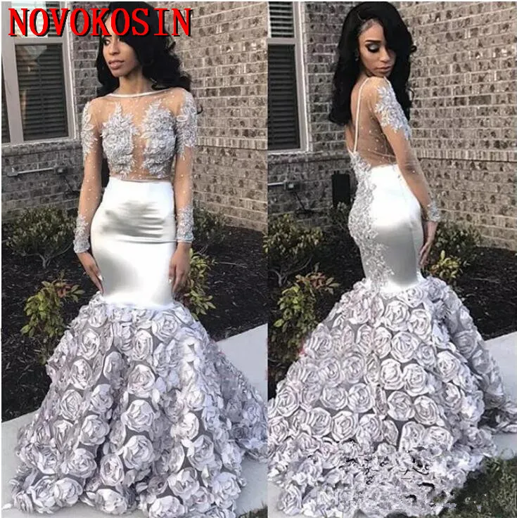 

Mermaid 3D Flowers Long Sleeve Prom Dresses 2019 Sheer Bead Lace Applique Ruffled Formal Evening Gowns Black Girls Party Dress