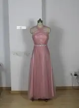 2016 brautjungfer Kleider Elegantes Neckholder Perlen Ärmel Rosa Tüll Lange Kleid 2016 Neue Partei Prom Kleider Realen Bild