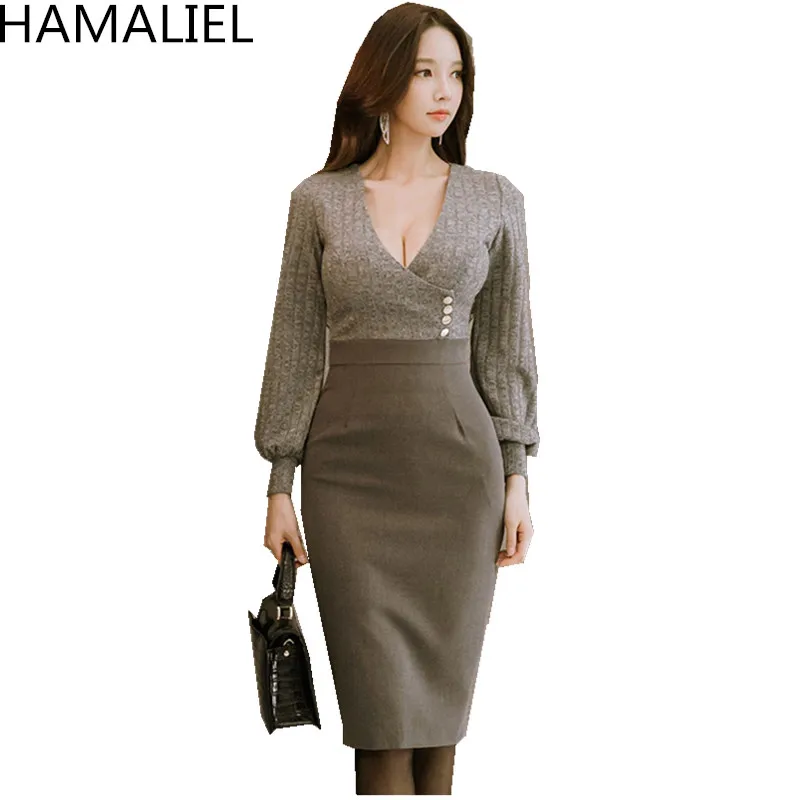 Платье для офиса HAMALIEL офисное облегающее платье с длинным рукавом треугольным