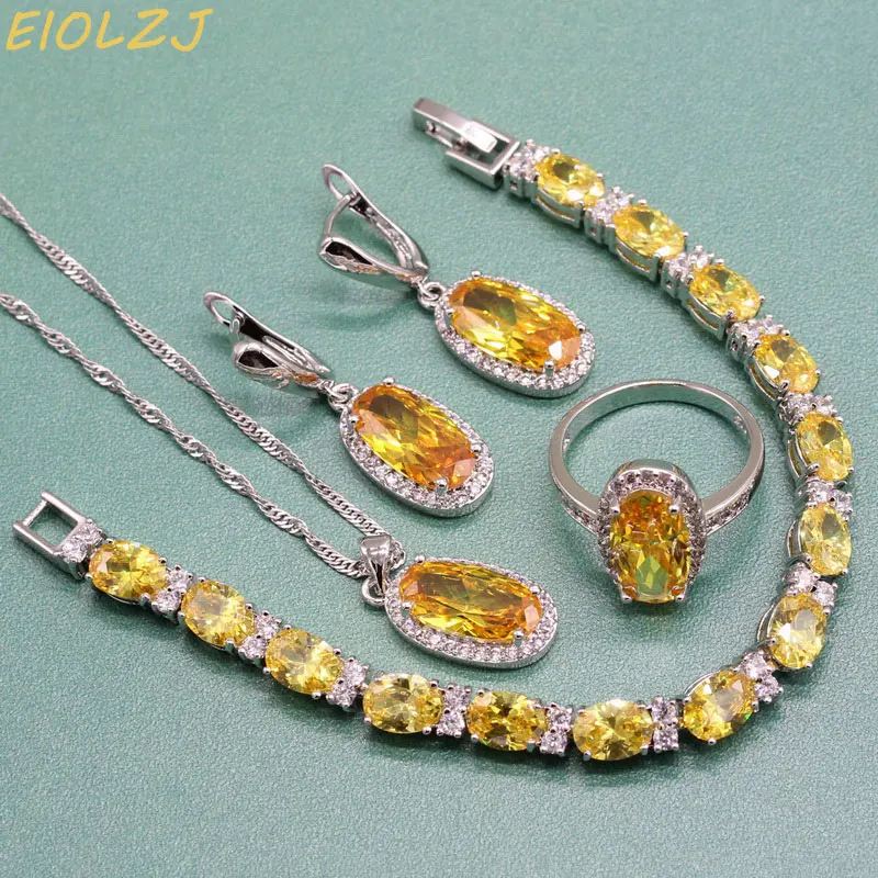 

Orange Semi-precious Stone 925 Silver Women Earring Sets Oval Fashion Jewelry Suit Necklace Dangle Earrings Ring Bracelet Box