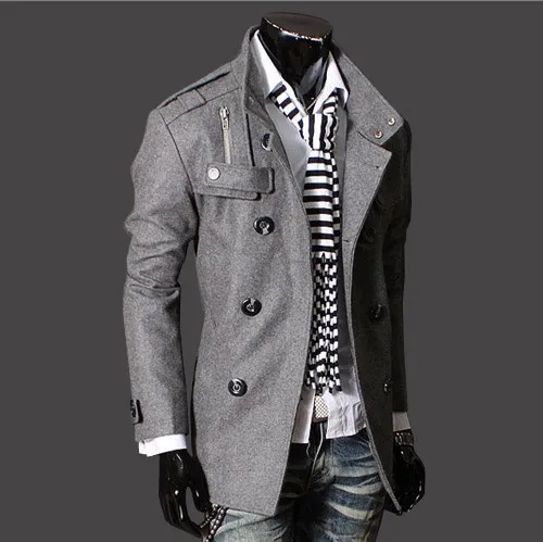 Para Marca Color Pie Casual Negocios dark Abrigo Doble Lana De Sólido Gray Cuello 2018 Rompevientos Mezcla Chaqueta Grey Epaulet Hombre Black Botonadura Invierno light Cwpq5