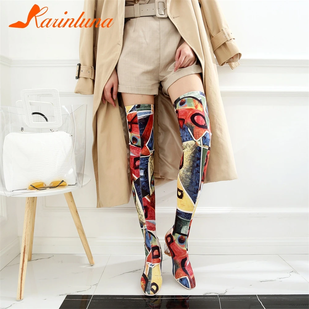 

KARINLUNA Female Autumn Winter Thin High Boots Mixed Colors Women Over The Knee Botas Ankle Boots Mujer Shoes Big Size 34-43