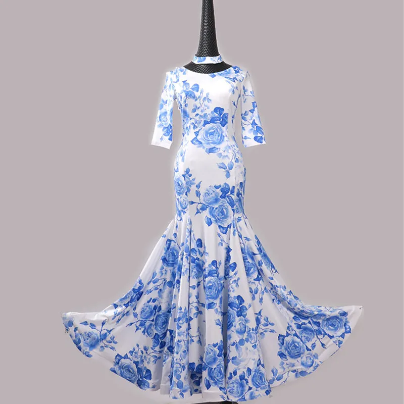 Голубое и белое фарфоровое бальное платье вальс бальное стандартное платье бахрома бальное танцевальное платье фламенко танцевальная одежда Танго Платья