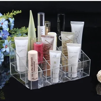 

High quality Plastic Clear Trapezoid Lipstick Holder 24 Square Grid Cosmetic Box Brush Stand Rack Tidy Organizer,Free shipping.