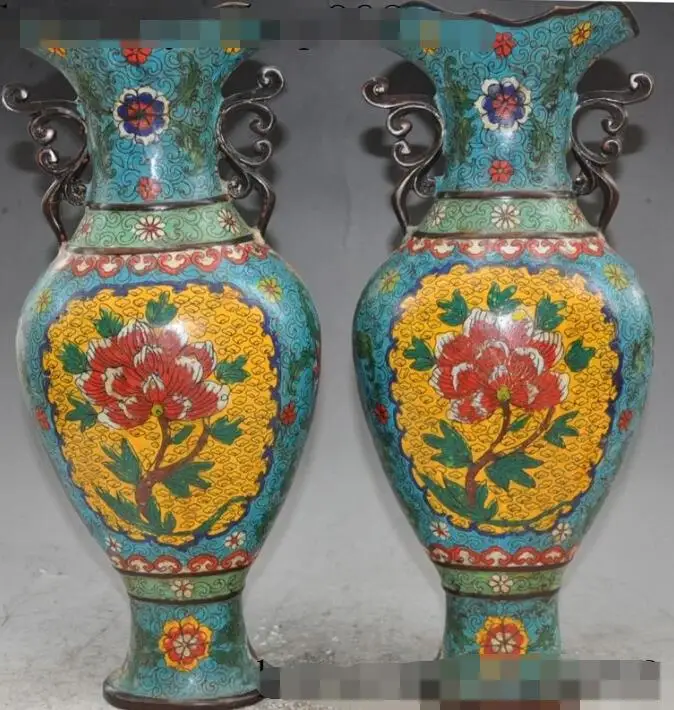 

S00805 15"china cloisonne pure purple bronze flower Zun Cup Bottle Pot Vase statue pair (B0413)