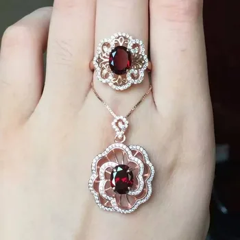 

Fidelity Natural 7*9mm garnet s925 sterling silver fashion fine jewelry sets for women natural red gemstone rings Pendant