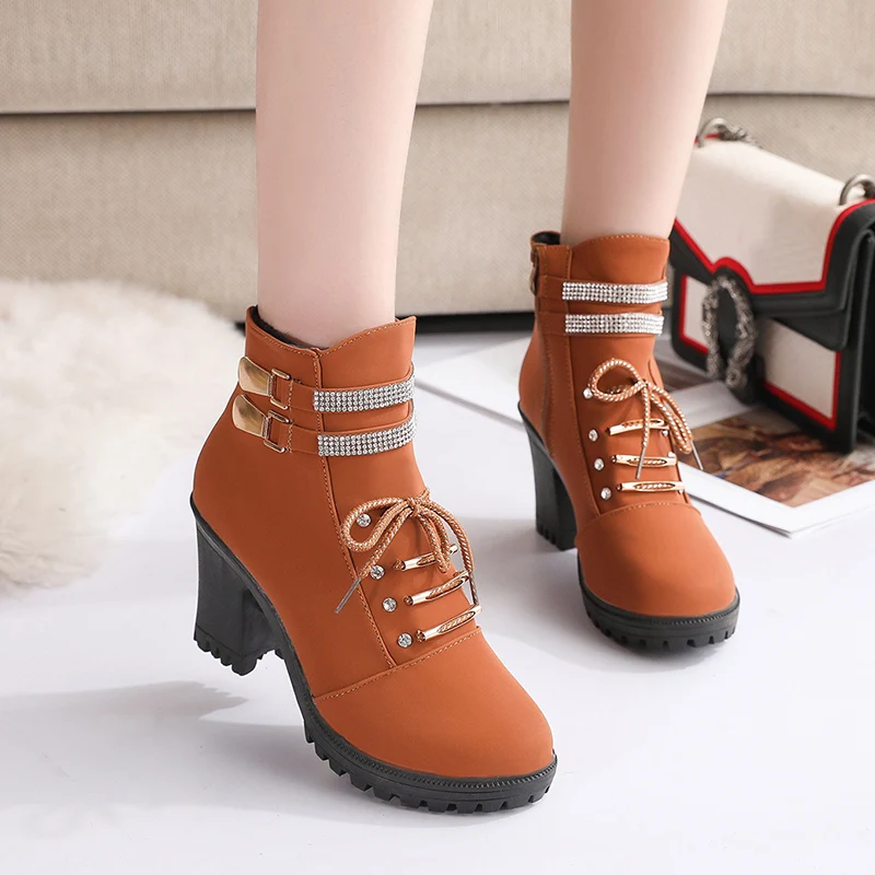 Shiney Womens Martin Boots New Suede High Heel Chunky Heel Straps Ankle Boots 2018 Autumn Winter