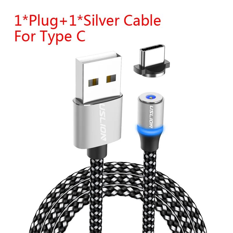 USLION 1 м 2 м светодиодный магнитный кабель USB type-C и Micro USB для iPhone Xs Max 8 7 6 для samsung Xiaomi HUAWEI зарядный кабель - Цвет: For Type C Silver