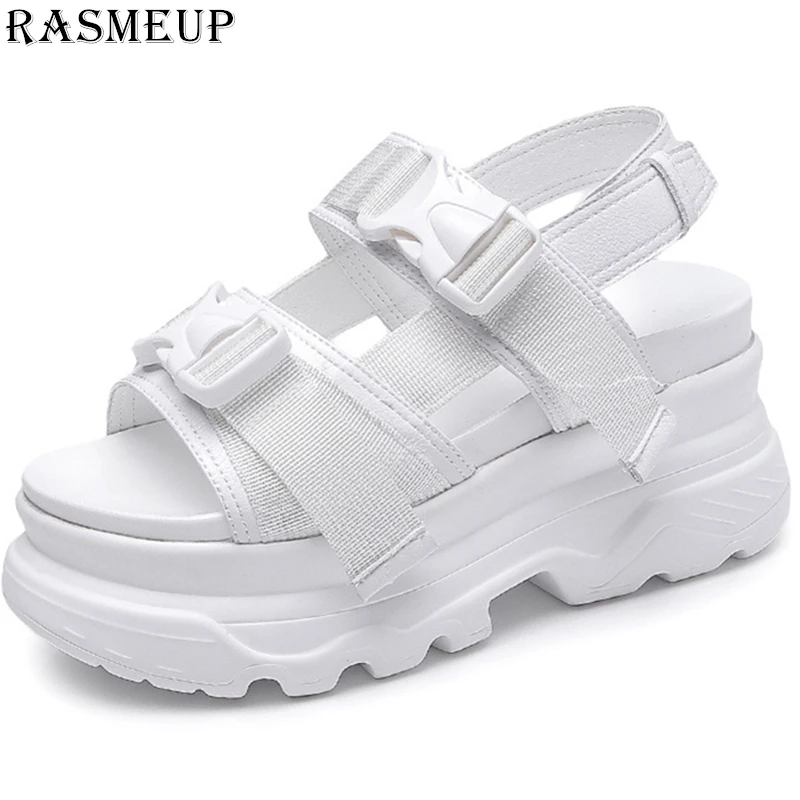 RASMEUP Platform Women's Sandals 2019 Fashion Summer Leather Buckle Women Thick Soled Beach Sandal Casual Chunky Woman Shoes