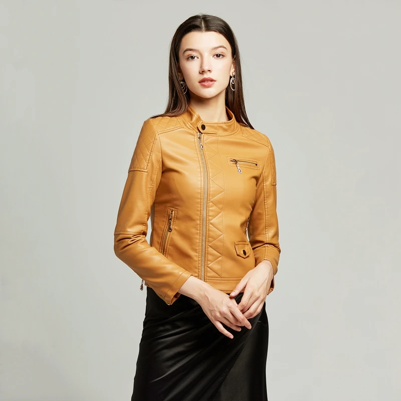 NXH 2019 yellow leather jacket women autumn coat plus size luxury jacket biker jacket women  faux leather Red black pink