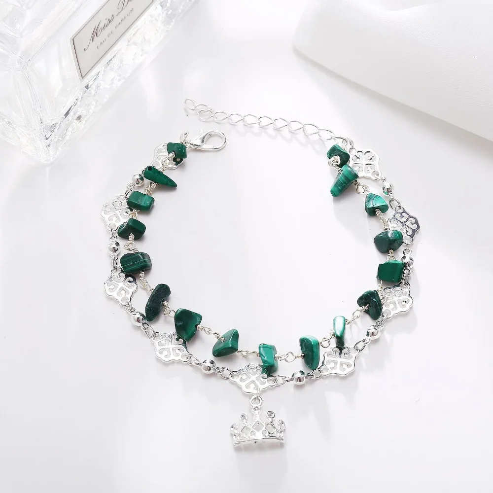 DoreenBeads нерегулярные зеленый камень ножные браслеты с цепочкой Набор для Для женщин чешские серебряные геометрической кроной ботильоны Браслеты ювелирные изделия, 1 предмет