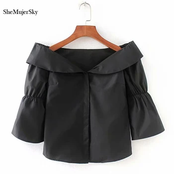 

SheMujerSky Black Off Shoulder Womens Tops And Blouses Summer Sexy Shirt bluzki damskie 2018