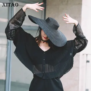 

XITAO Sexy Patchwork Sequin White Black Shirt Women Clothes 2019 Pleated Sunscreen Blouse Top V Neck Personality Autumn WLD2139