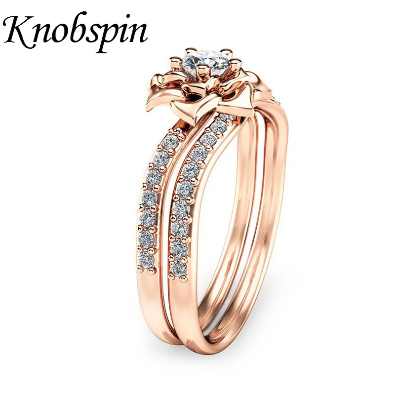 Fashion Rose Gold Color Flower Wedding Ring Set for Women Elegant Rose Flower Zircon Rings