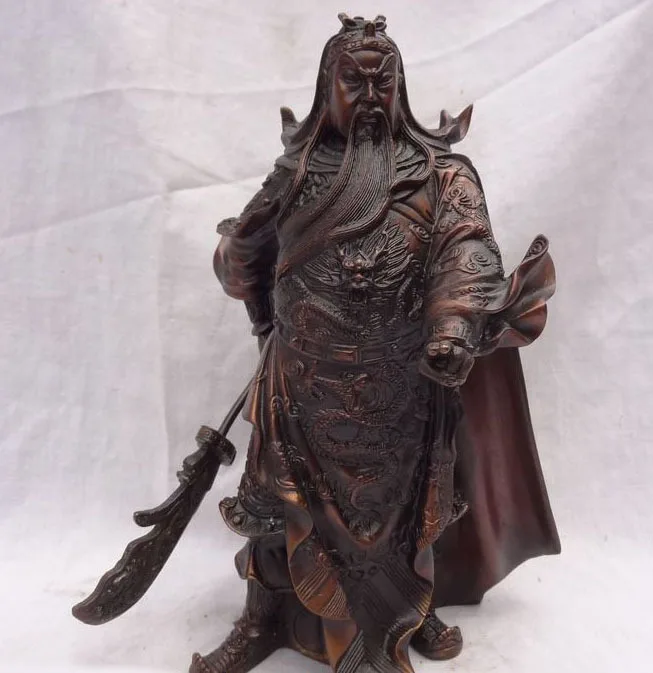 

11" Chinese Pure Bronze Dragon Head Warrior GuanGong GuanYu Up Hand God Statue free shipping