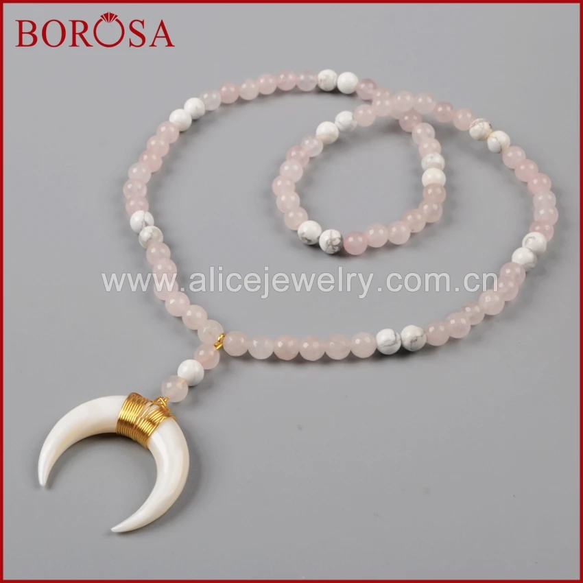 

BOROSA Gold Color Wire Wrap White Shell Horn Necklace With White Howlite Stone And Pink Quartz Beads G1161