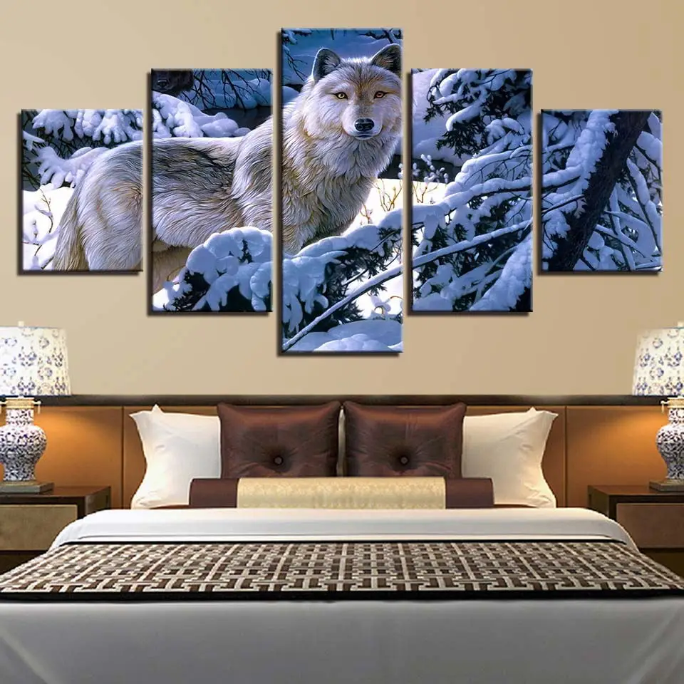 Canvas Art Prints Poster Wall Modular Pictures 5 Pcs Fashion Animal Wolf Animation Spray Painting Retro Bedroom Home Decoration | Дом и сад