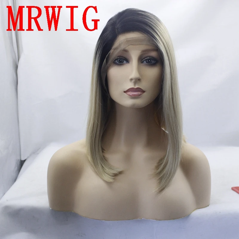 

MRWIG short bob straight synthetic wig blonde hair 1b#ombre 27#mixed #613 right side part 12in short dark roots for black woman