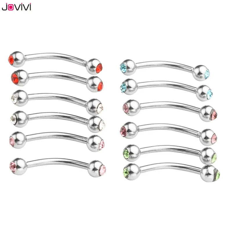 JOVIVI 12pc 16G Stainless Steel Assorted Crystal Gem Curved Bar Barbell