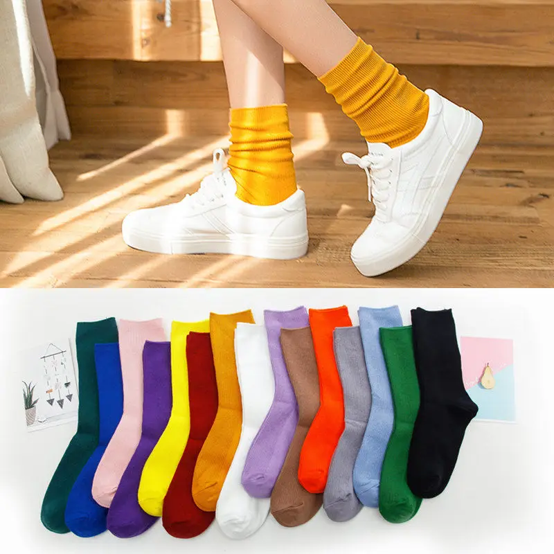 

KingDeng 5 Pairs of Socks Stack of Sock Cotton Japanese Candy Solid Solor High Tube Knee Harajuku Fashion Design Cute Women