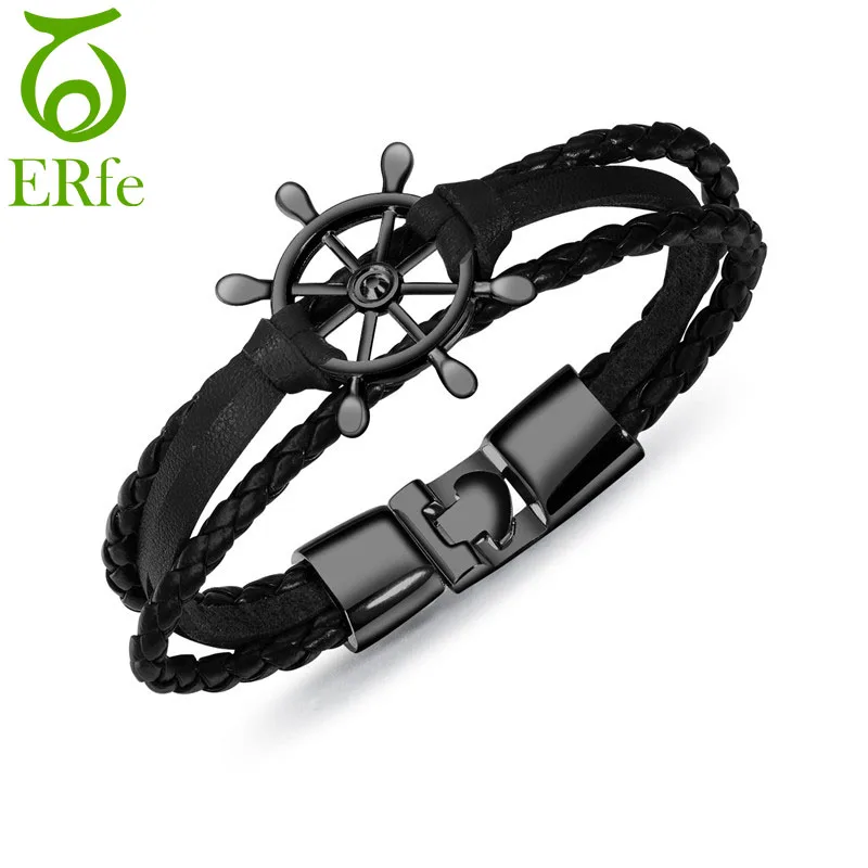 ER Male Vintage Nautical Rope Bracelet Men Black Rudder Braclet Rock