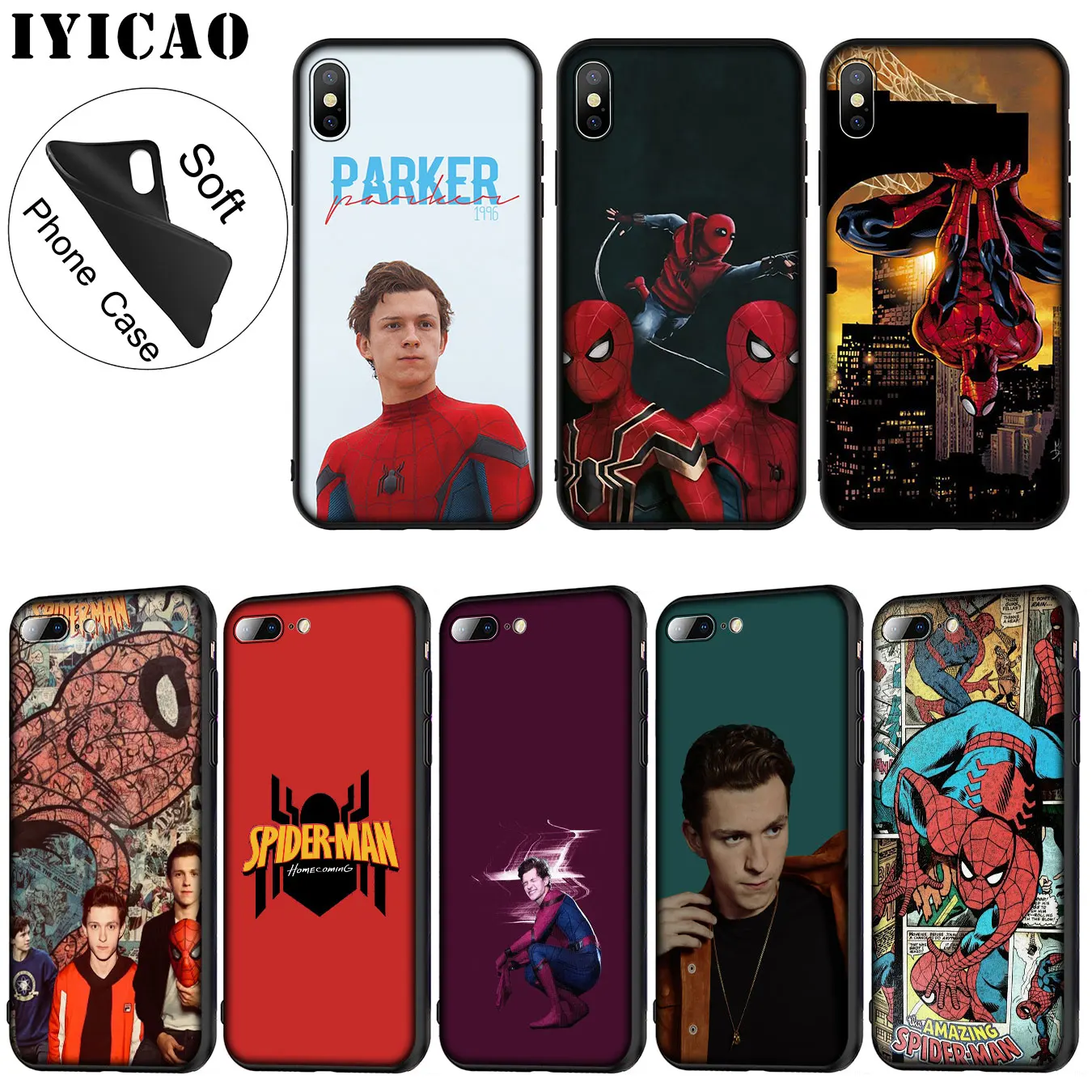 

IYICAO Marvel Tom Holland SpiderMan Soft Silicone Phone Case for iPhone XR X XS 11 Pro Max 6 6S 7 8 Plus 5 5S SE TPU Black Cover