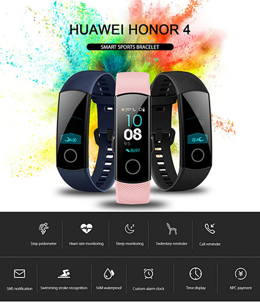 Huawei Honor Band 4 смарт-браслет Amoled цветной 0,9" сенсорный экран для плавания для обнаружения сердечного ритма сна