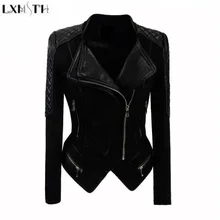 LXMSTH Демисезонный мотоциклетная куртка Для женщин замшевые в стиле пэчворк из искусственной кожи пальто на молнии женщина тонкий плюс размерные куртки пальто