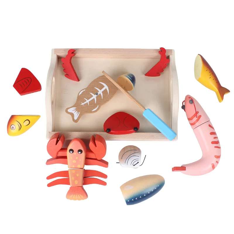  Candywood New High quality Baby Kids Wooden Kitchen Toys Cutting Bread Seafood fish food Set educat