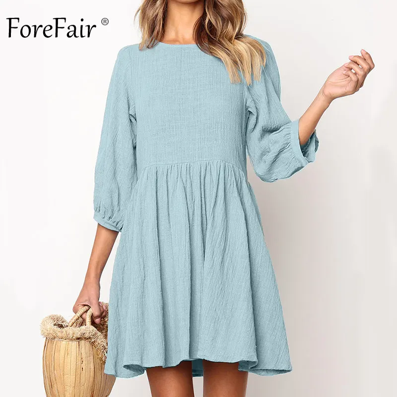 

Forefair Women Casual Linen Dress Summer Plus Size Pleated Middle Sleeve High Waist Round Neck Elegant Boho Beach A Line Dress