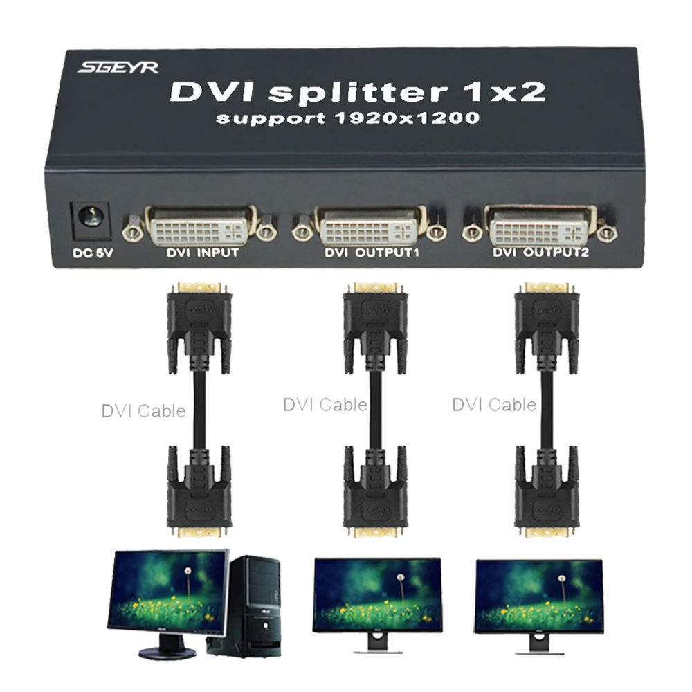 SGEYR 2 порта DVI разветвитель 1x2 1 вход 2 выхода разветвитель DVI поддержка Разрешение до 1920x1200 с блоком питания