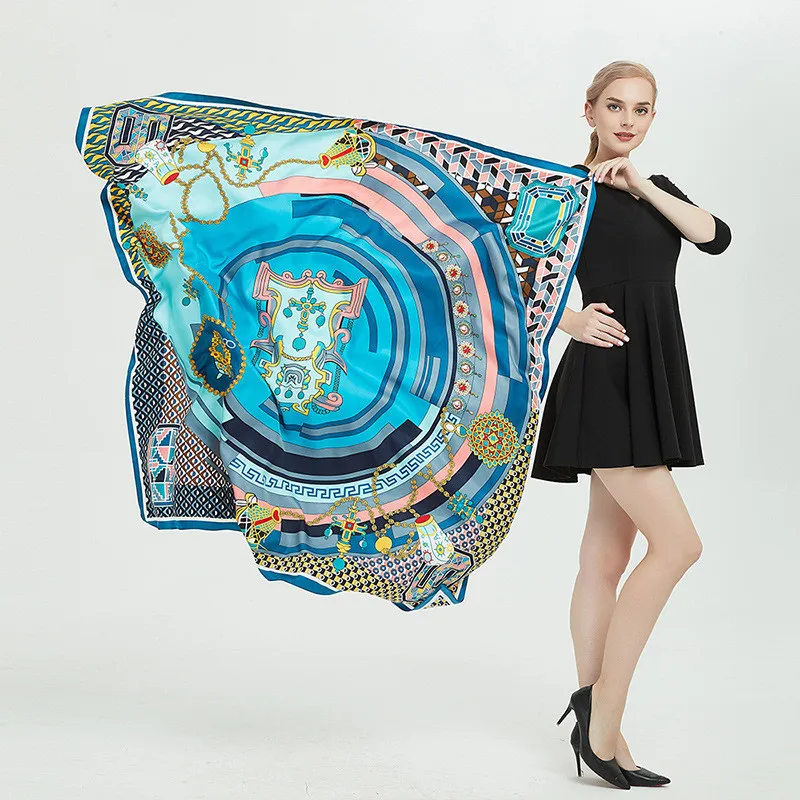 

POBING Luxury Brand 100% Silk Square Scarf for Women Large NecKerchief Female Spanish Foulard Hijab Lady Shawl Bandana 130*130CM