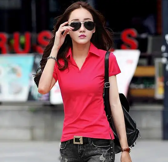 95% Cotton T shirt Summer Polo Shirt Women Short Sleeve Solid Slim Polos Mujer Shirts Tops Fashion Plus Size Polo Femme 3