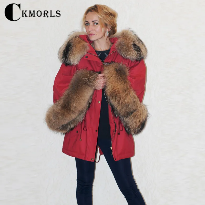 

CKMORLS Real Fur Parka Coat With Natural Raccoon Fur Collar Plus Size Jackets Red Fashion Women Outwear Wide Coats Winter Parkas