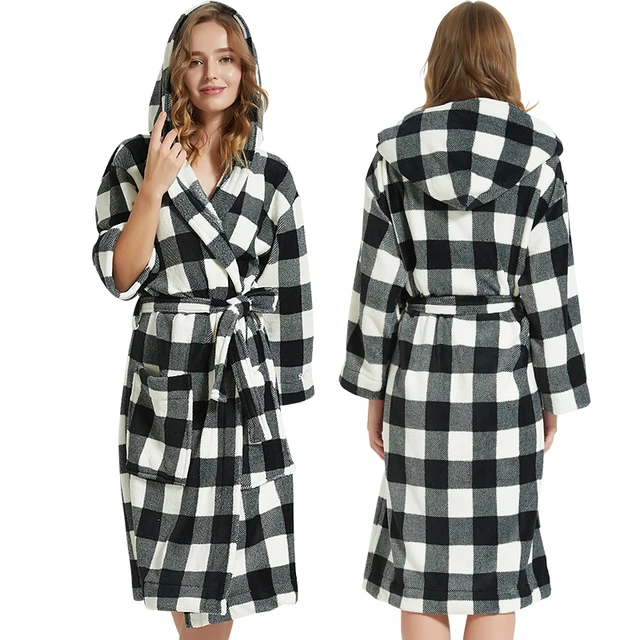 Plaid Flannel Robe Unisex Black/White Plaid Hooded Flannel Bathrobe