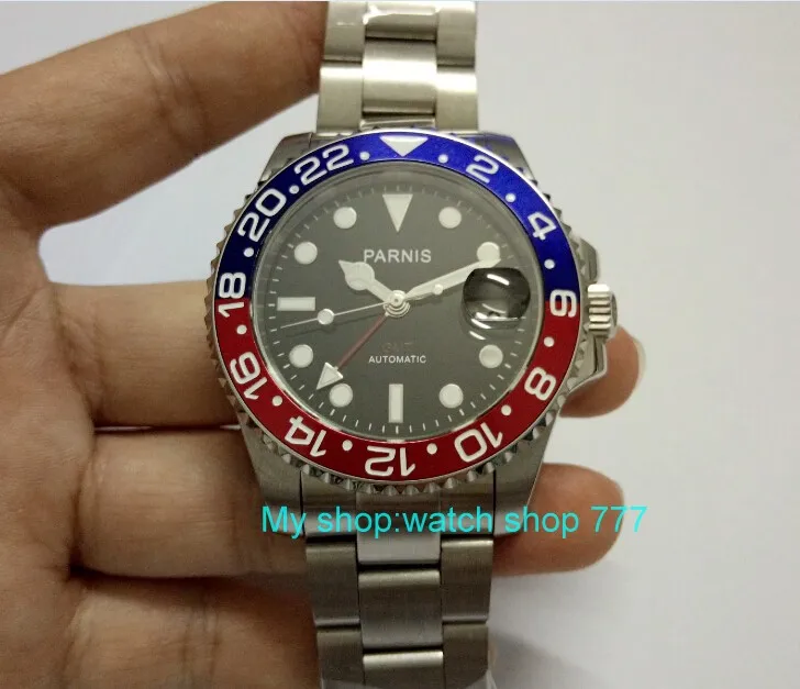 Новая мода 40 мм parnis GMT Красный& Blu ободок сапфировое стекло Мужские автоматические часы роскошные часы 0243