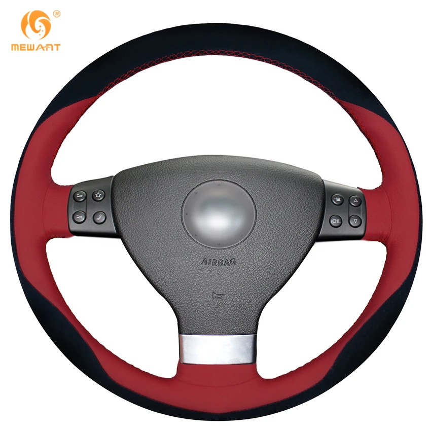 MEWANT Red Leather Black Suede Car Steering Wheel Cover for Volkswagen Golf 5 Mk5 VW Passat B6