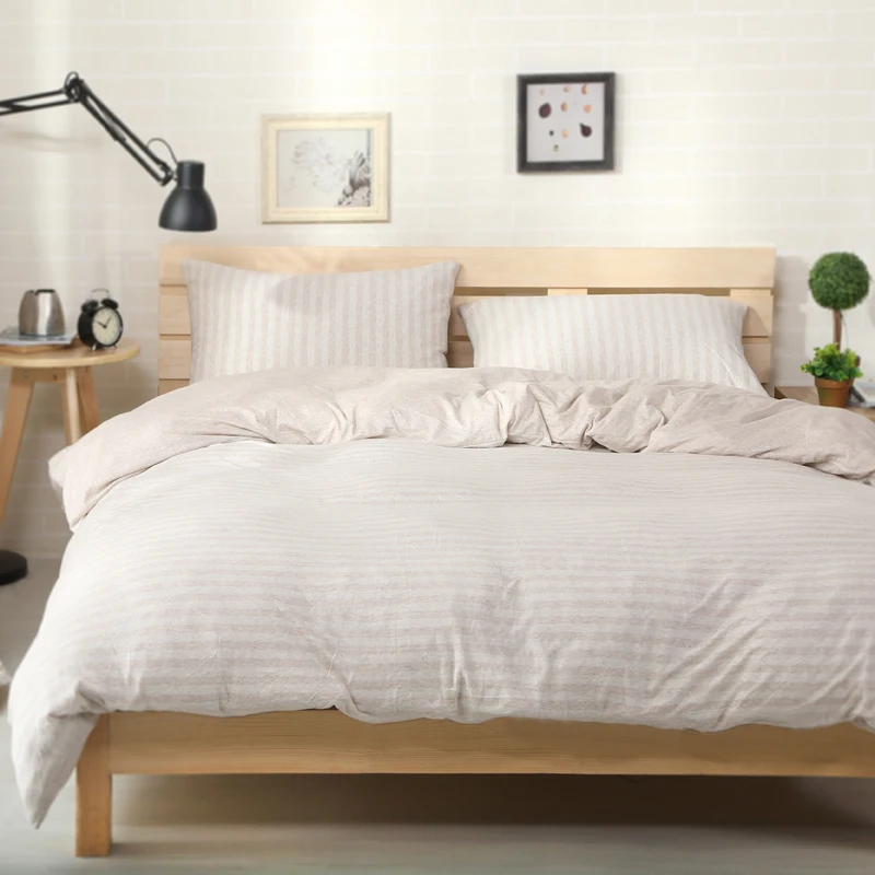 

2018 Light Tan Stripes Bedding Set Knit Cotton Bed Cover Twin Queen King Bedlinen Flat/Fitted Sheet Pillowcases Linens