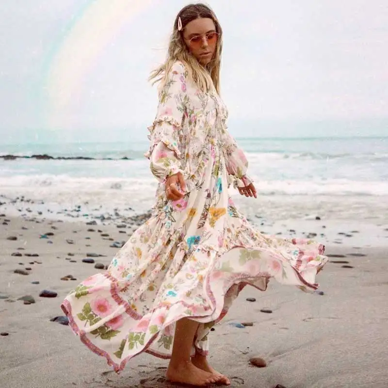 

BOHO INSPIRED wild floral 2019 summer autumn dress for women ruffle trim V-neck elastic boho dress long sleeve dress female
