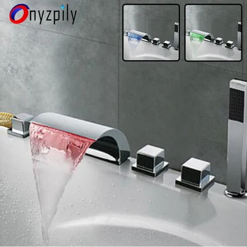 

Onyzpily Bathroom Faucet LED Waterfall Spout 5 pcs Mixer Taps ORB Chrome Bathroom Shower Faucet with ABS Handshower смеситель b
