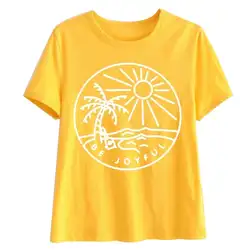 Женская футболка с принтом «солнце кокосовое дерево», повседневная женская летняя футболка с коротким рукавом и круглым вырезом