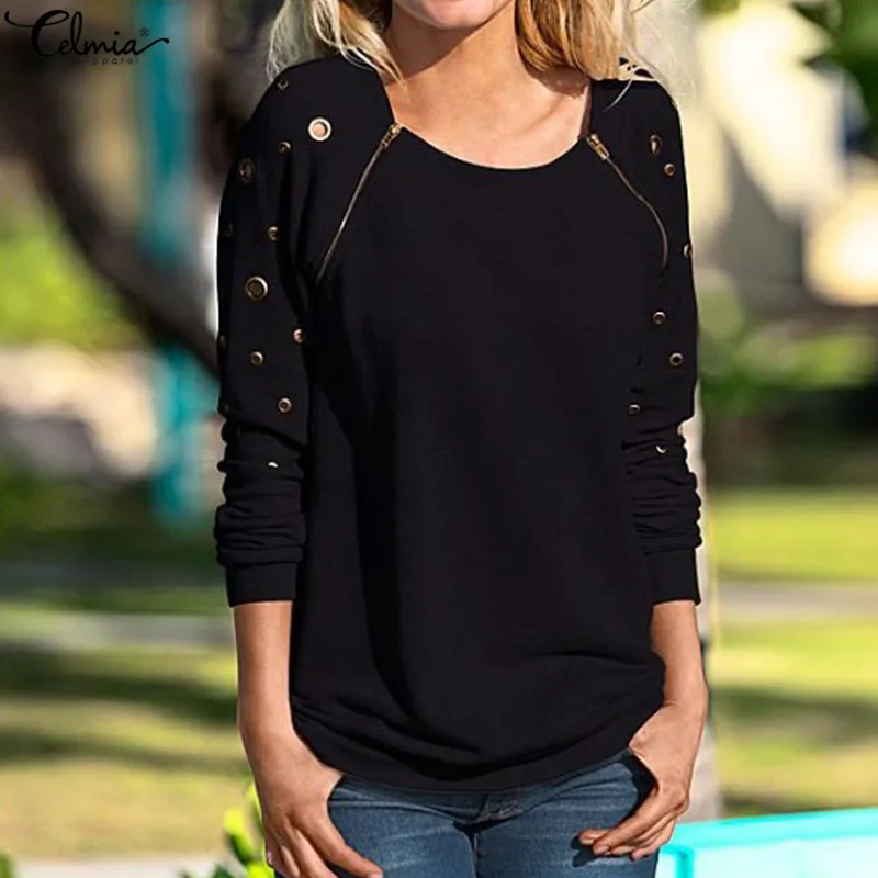Ceny Celmia Plus Size Rocznika Kobiety Bluzka 2018 Jesień G oacute;ry Zamek Długi Rękaw Koszule Hollow Out Casual Blusa Panie Punk Bluzki