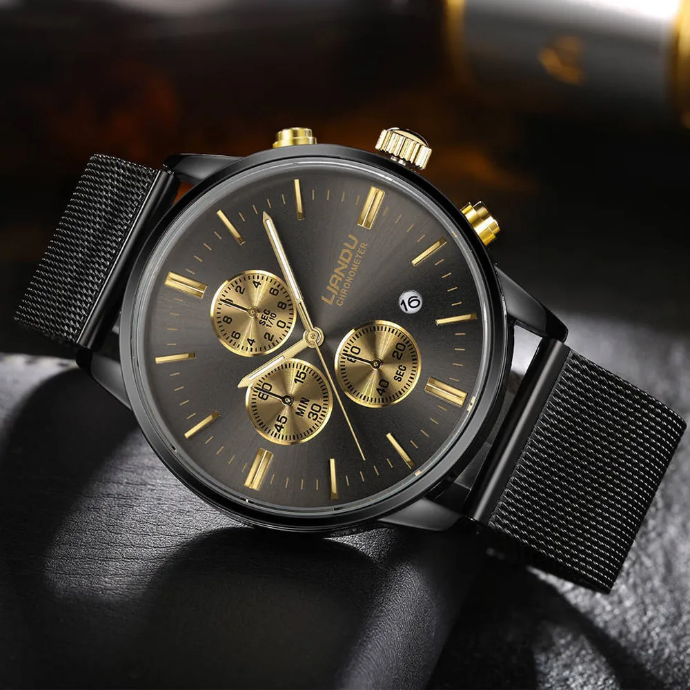 Gold Watch Mens Watches Top Brand Luxury Relogio Masculino Simple Stainless Steel Mesh Band Analog Quartz Watch 2016 julius mens watches top brand luxury stainless steel mesh band gold watch man business quartz watch male relogio masculino