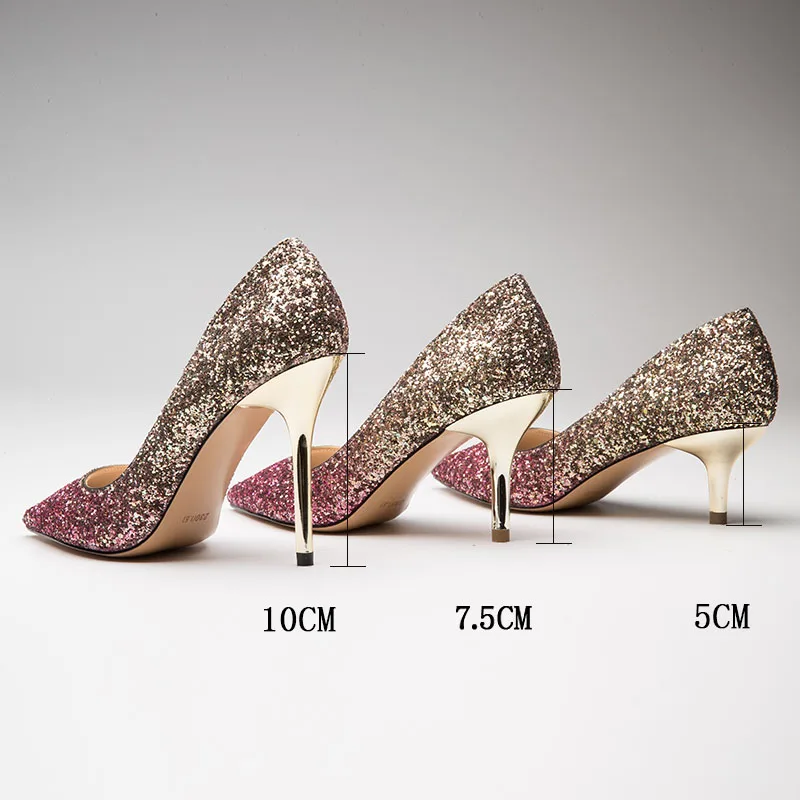 

Sequined Cloth Genuine Leahter Gradient Color Pointed Toe Slip On Women Pumps Sexy Fashion Party Wedding 5cm 7.5cm 10cm Pumps