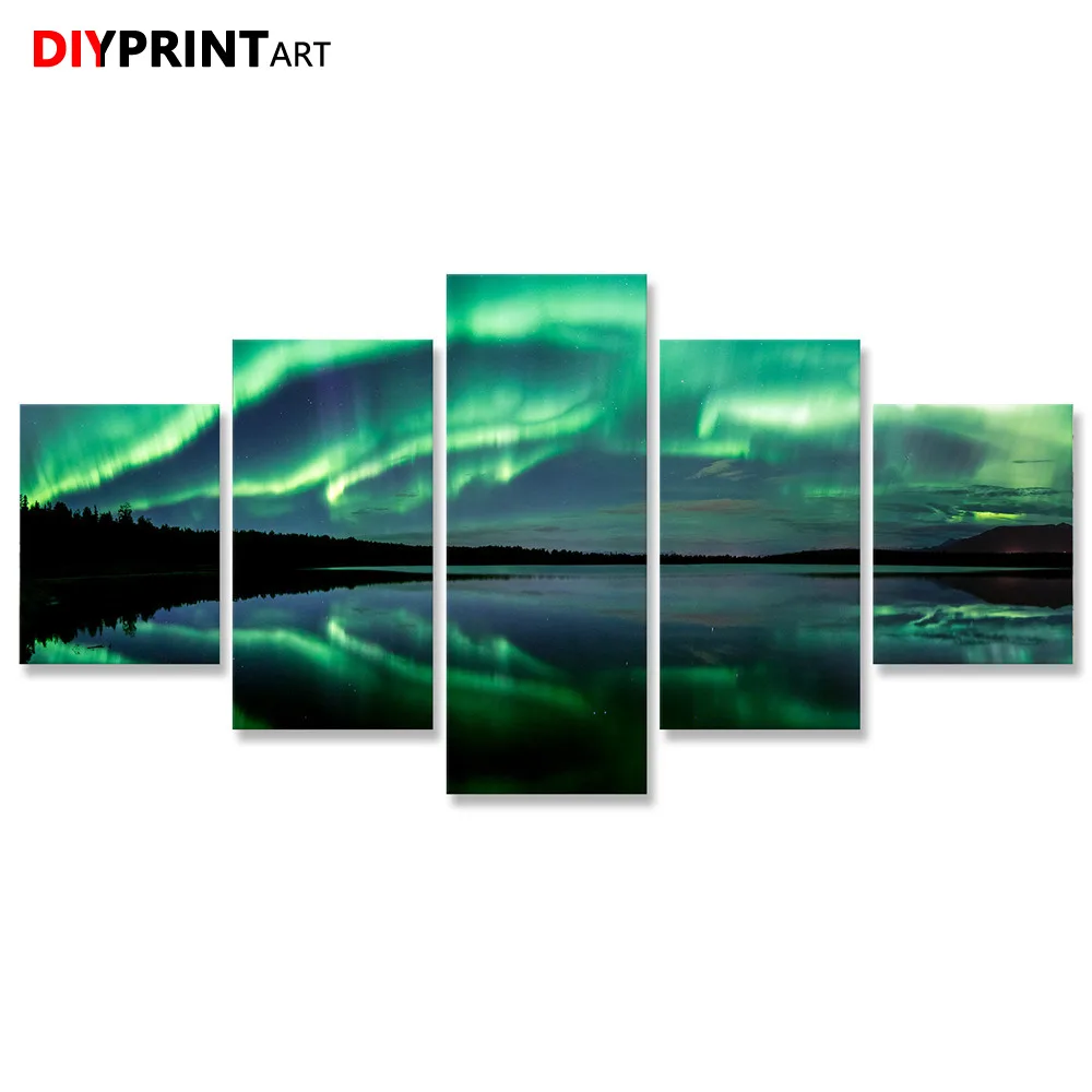 

Alaska Lake Night Green North Aurora 5 Pieces Canvas Wall Art Print Pictures for Living Room Home Decoration A2288