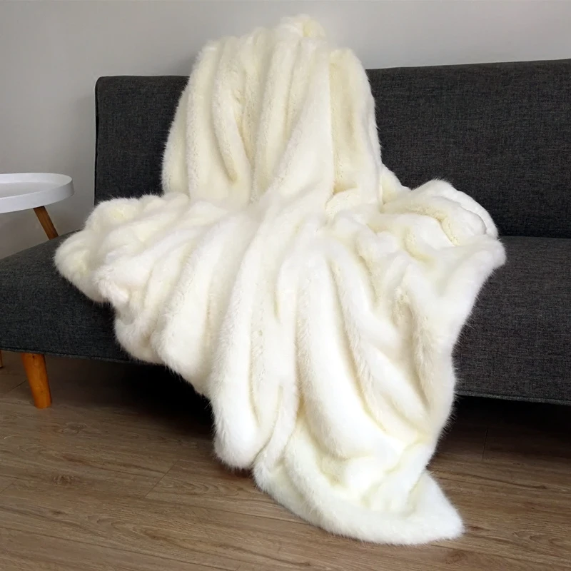 US $128.71 American style big size beige white feather artificial fur bed blanket sofa cover pet blankets artificial mink fur blanket