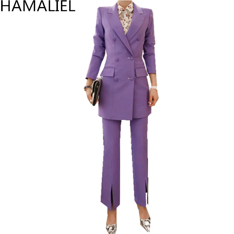 

HAMALIEL High Quality Women Work 2 Piece Set Business 2018 Formal Double-Breasted Long Blazer Coat + Office Pencil Trousers Suit