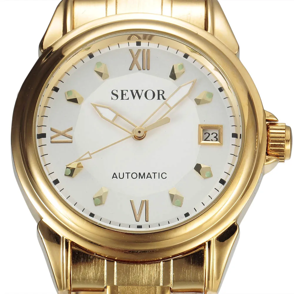 

2016 SEWOR Gold Automatic Watch Men Auto Date Calendar Stainless Steel Strap Clock Rome Dial Mens Mechanical Dress Wristwatches