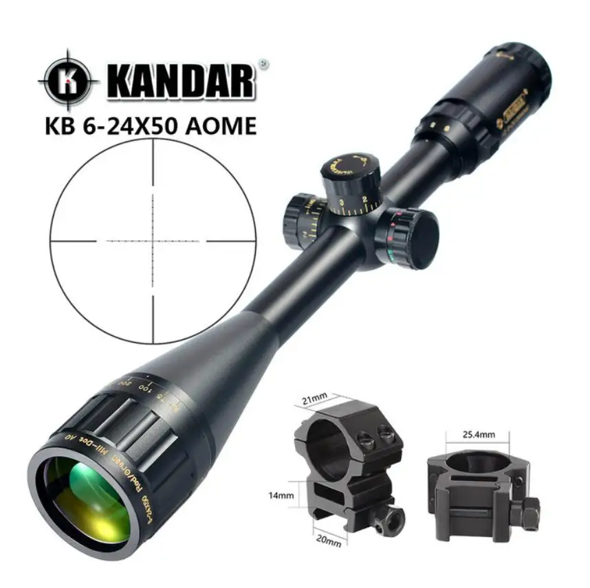 with picatinny ring3 KANDAR Gold Edition 6-24x50 AOME стекло гравированное Mil-dot Сетка фиксирующий прицел охотничий прицел тактический оптический прицел - Цвет: with picatinny ring3