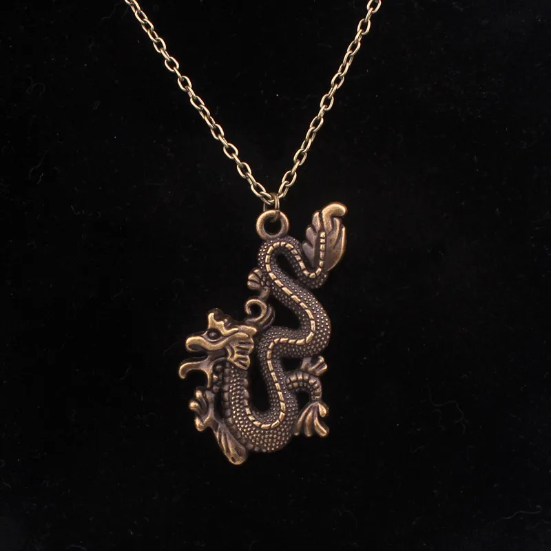 54*30 мм старинное бронзовое серебряное ожерелье с подвеской в виде дракона для мужчин, этническое китайское ожерелье в виде Короля Дракона для женщин di091 - Окраска металла: Покрытие антикварной бронзой